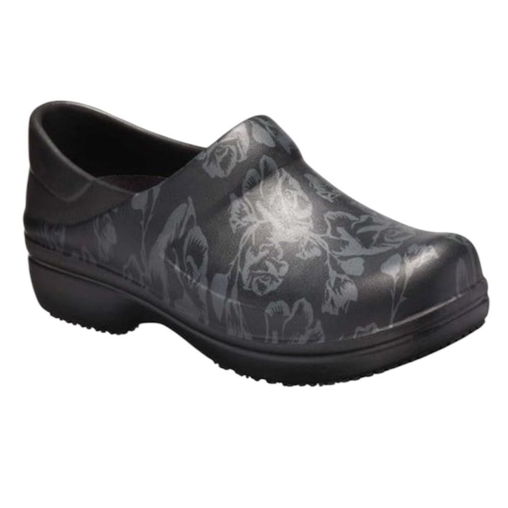 CROCS Neria Pro II Clog Black and Gray Rose Floral Mules
